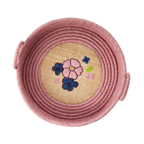 Round Raffia Bread Basket Embroidered Flowers Rice DK